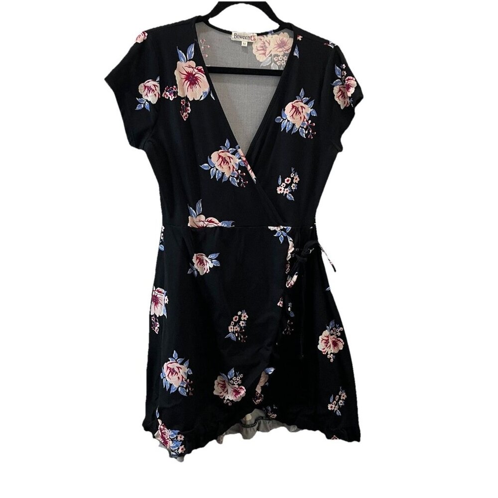 BtweenUs Black Blue Floral Faux Wrap Dress Womens Size M Cottage Core